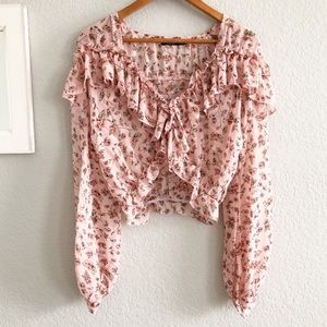 Nasty Gal Sheer Floral Long Sleeve Ruffle Crop Top